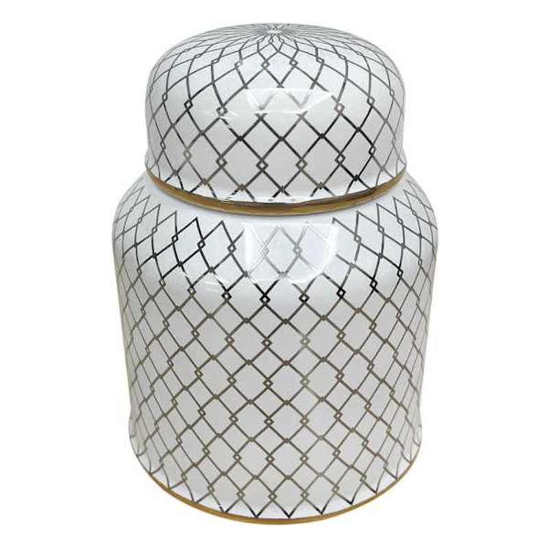 Charlotte White & Gold Checkered Ceramic Jar, 5.5″