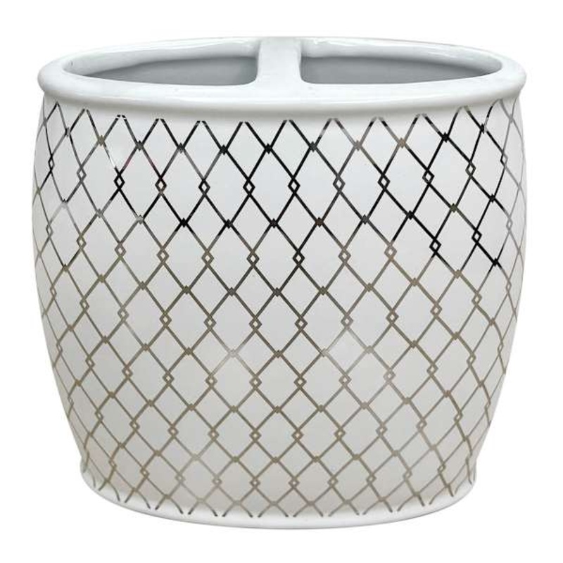 Charlotte White & Gold Checkered Toothbrush Holder, 4.5″