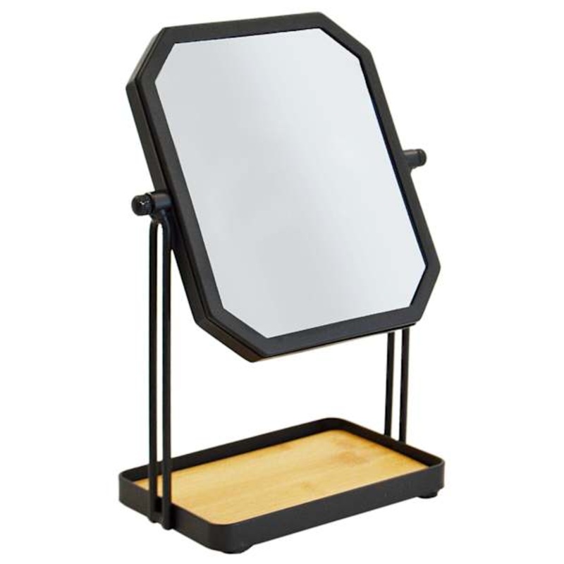 Tao Matte Black Metal Magnifying Mirror & Antique Pine Accessory Tray