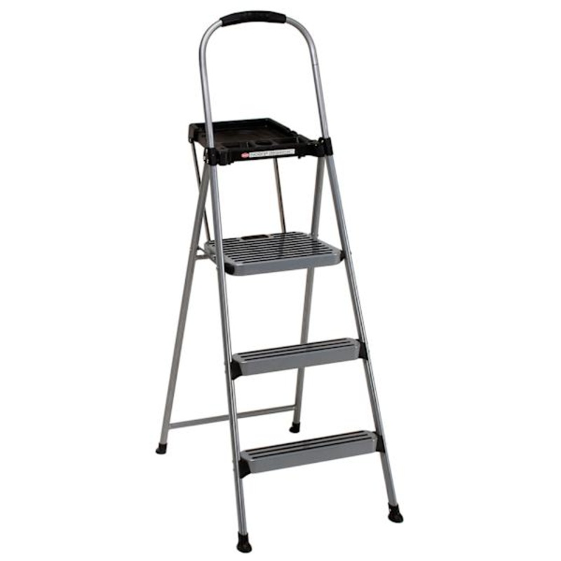 3-Step Grey Metal Step Ladder with Tray