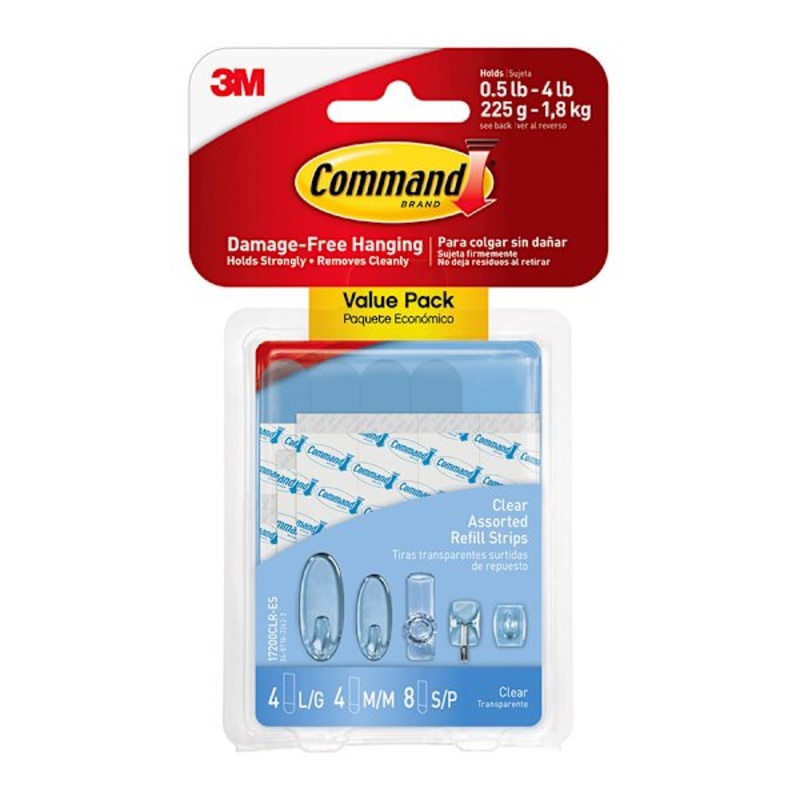 Command Clear Assorted Refill Strips, 8-Small, 4-Medium, 4-Large Strips/Pack