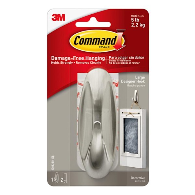Command Designer Large Hook, 1-Hook, 2-Strips/Pack, Brushed Nickel