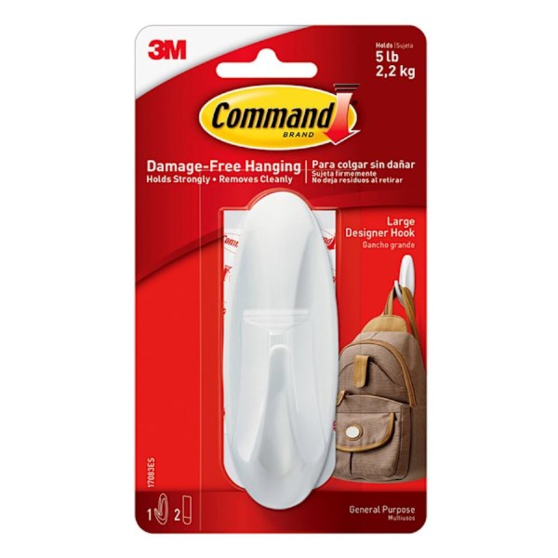 Command Large Designer Hook, 1-Hook, 2-Strips/Pack, White