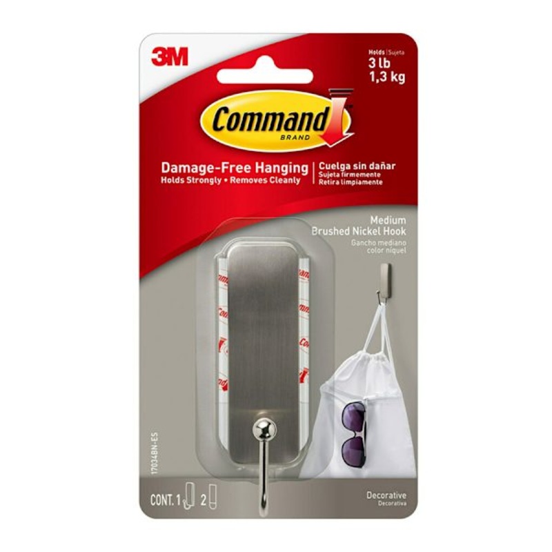 Command Medium Brushed Nickel Hook, 1-Hook, 2-Strip