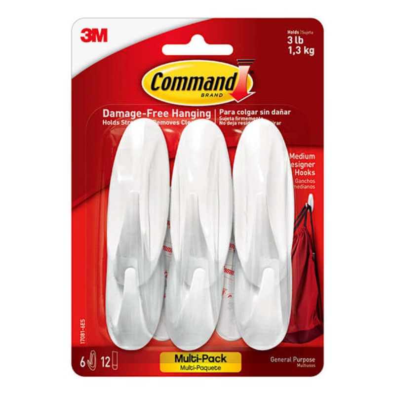 Command Medium Designer Hooks Multi-Pack, 6-Hooks, 12-Strips/Pack, White