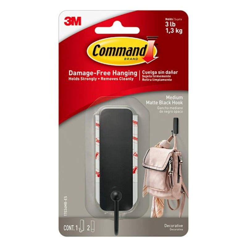 Command Medium Matte Black Hook, 1-Hook, 2-Strips