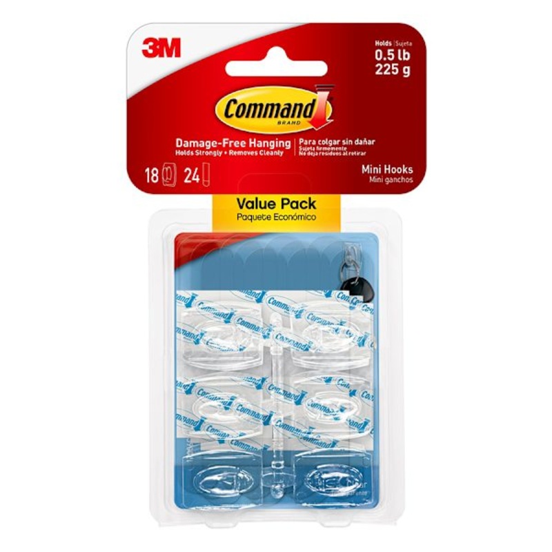 Command Mini Clear Hooks with Clear Strips 18-Hooks, 24-Strips/Pack