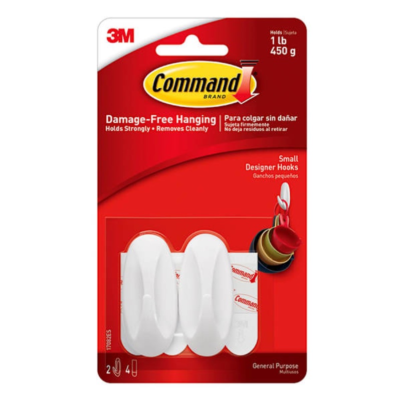 Command Small Designer Hooks, 2-Hooks, 4-Strips/Pack, White