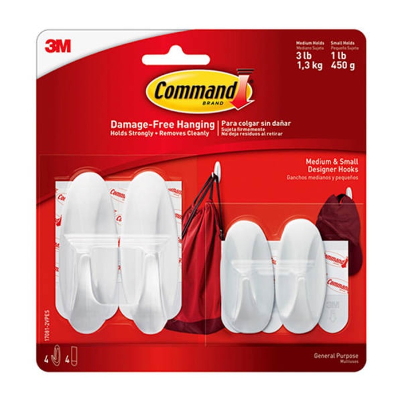 Command Small & Medium Designer Hook Value Pack, 2-Hooks of Each Size, 2-Strips of Each Size & Pack, White