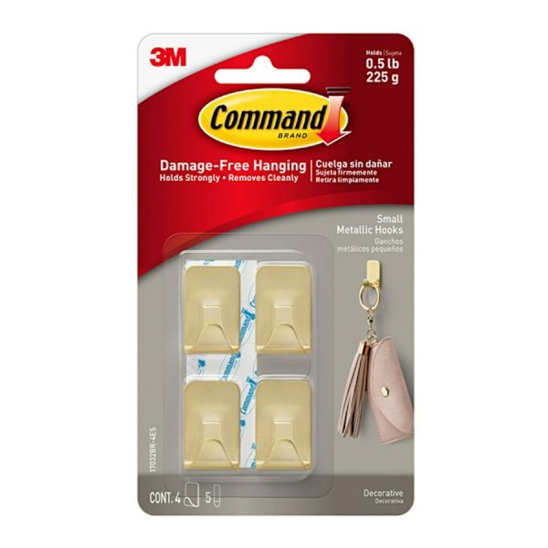 Command Small Metallic Hooks, 4-Hooks, 5-Strips, Brass Color