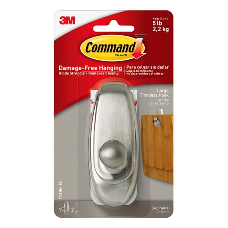 Command Timeless Hook, Large Brushed Nickel, 1-Hook 2-Strips/Pack