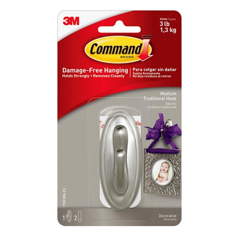Command Traditional Medium Hook, 1-Hook, 2-Strips/Pack, Brushed Nickel