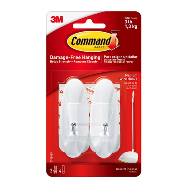 Command Wire Hooks Medium, 2-Hooks, 4-Strips/Pack, White