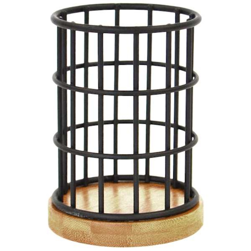 Matte Black Wire & Bamboo Wood Pencil Cup