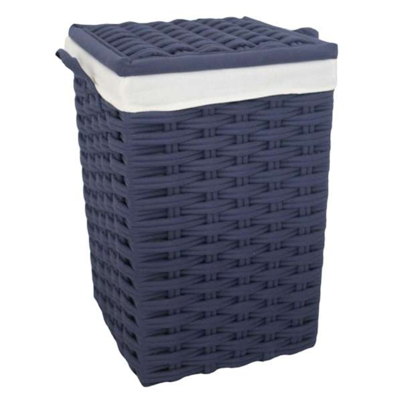 Navy Blue Square Laundry Floor Standing Hamper with Ivory Liner, Large