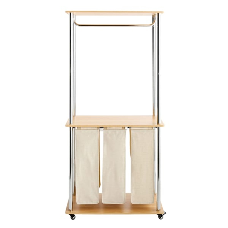 Rolling Triple Laundry Sorter Station with Clothing Rack