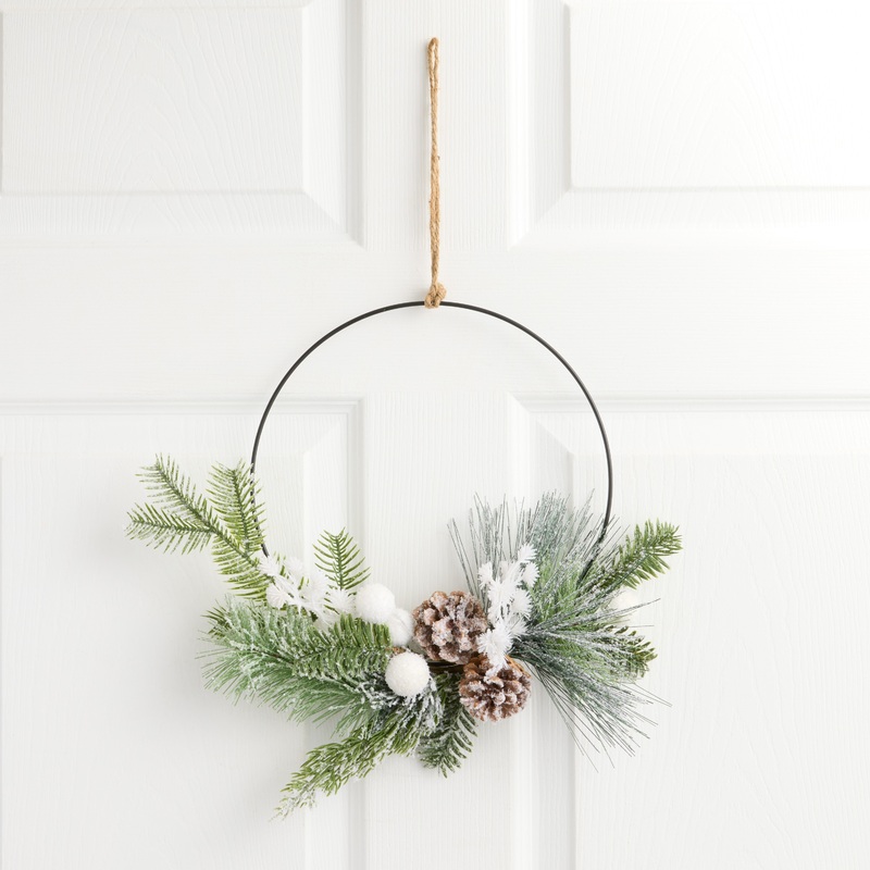 Snowy Pinecone and Faux Pine Ring Wreath with White Berries