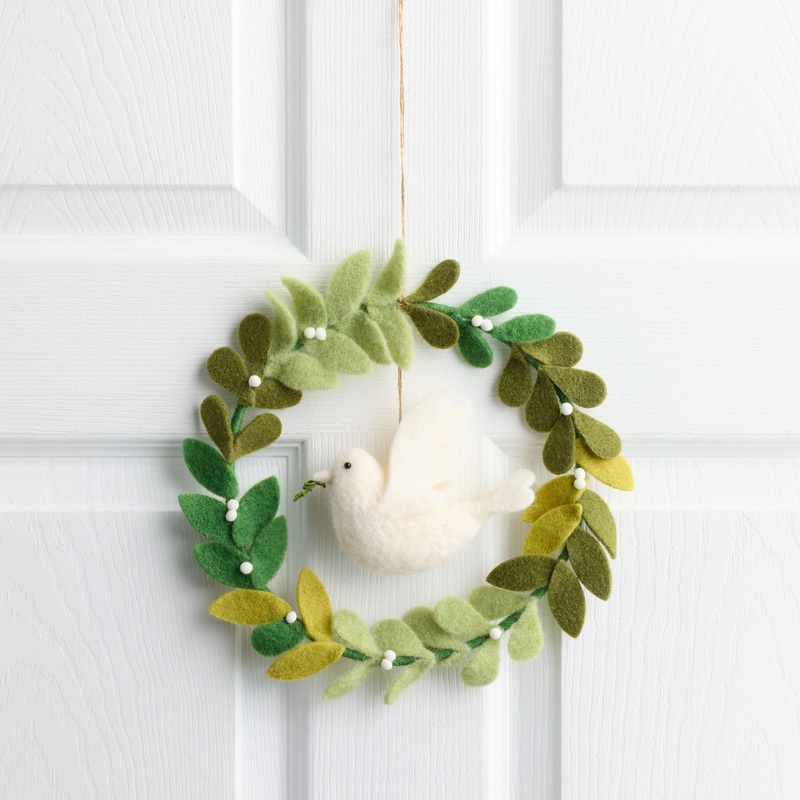 Wool Leaves and Dove Wreath