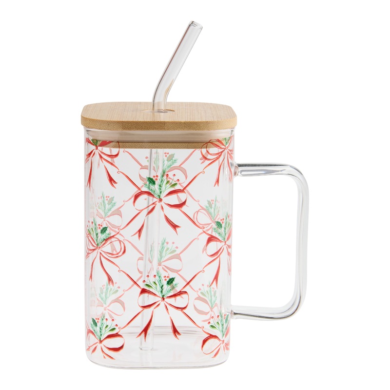 Square Glass Bow and Holly To Go Tumbler with Straw