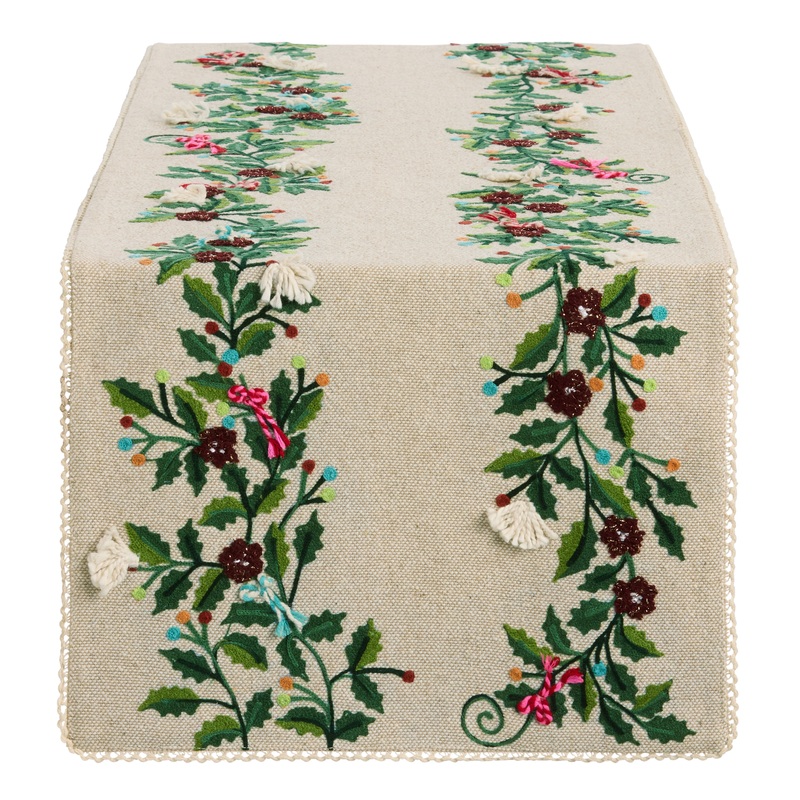 Tan and Green Floral Holly Embroidered Table Runner