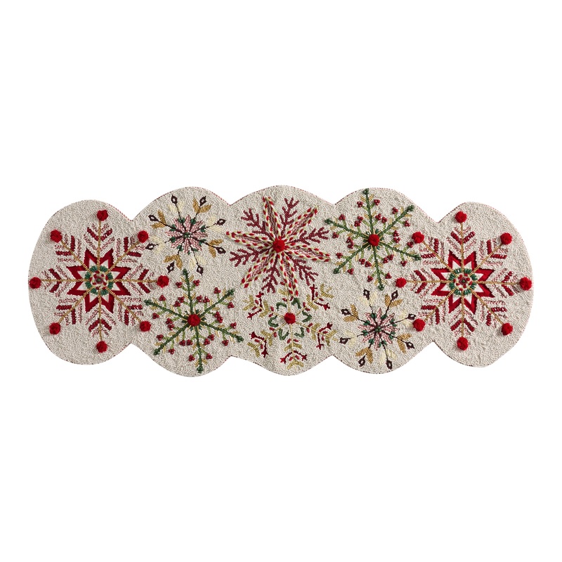 White and Red Snowflake Embroidered Beaded Table Runner