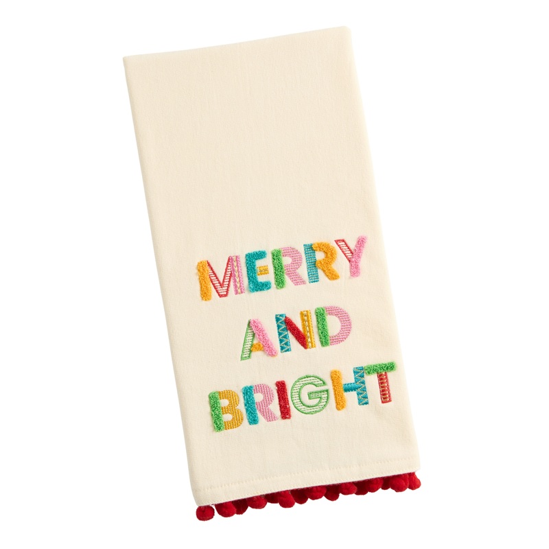 White Multicolor Merry and Bright Embroidered Hand Towel