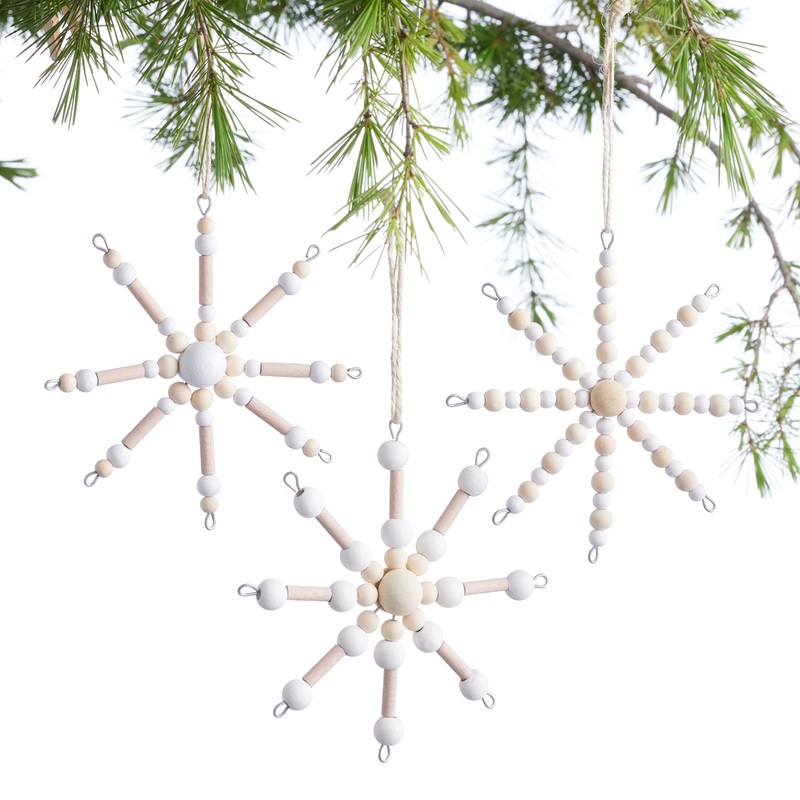 White And Natural Wood Beaded Snowflake Ornaments Set Of 3
