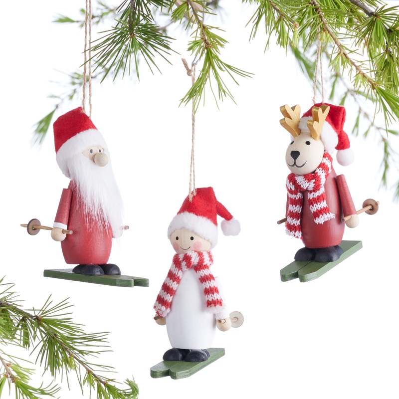 Wood Skiing Christmas Figure Ornaments Set Of 3