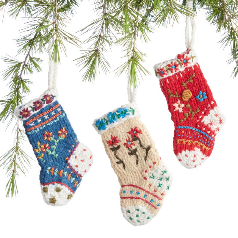 Wool Embroidered Floral Stocking Ornaments Set Of 3