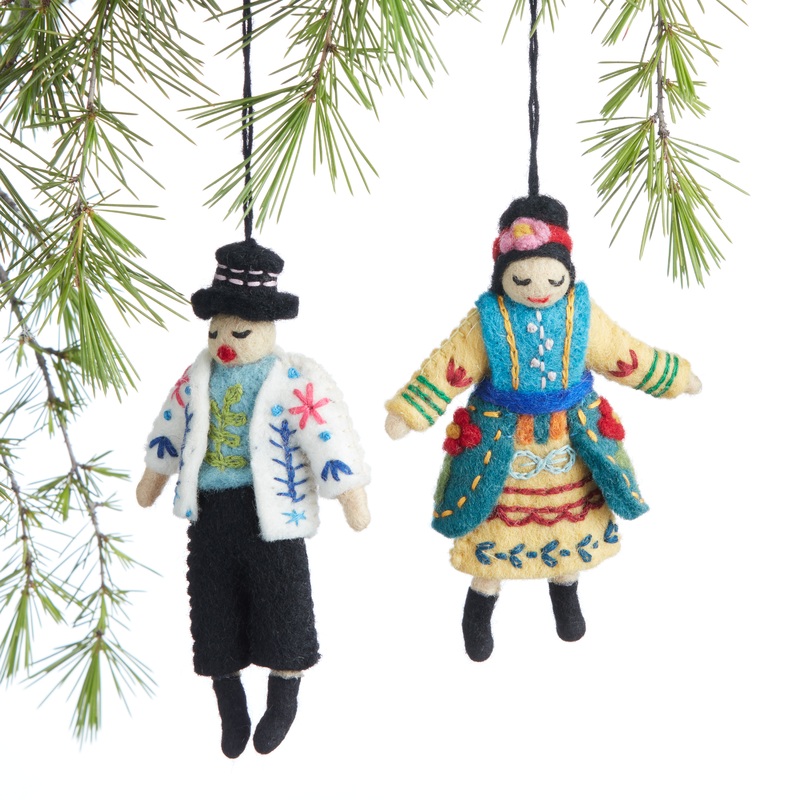 Wool Folkloric Villager Ornaments Set Of 2