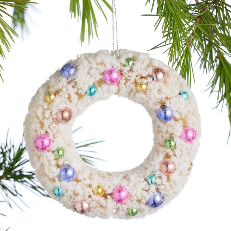 White Retro Flocked Bottlebrush Wreath Ornament