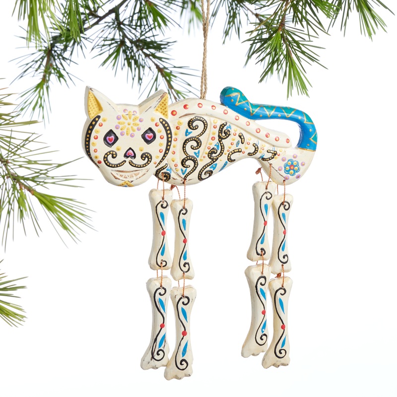 White Wood Day of The Dead Cat Ornament