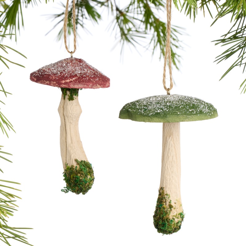Wood Mushroom with Moss Ornaments Set of 2