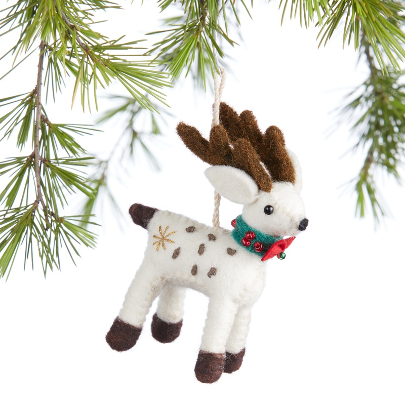 Wool Deer With Red And Green Collar Ornament