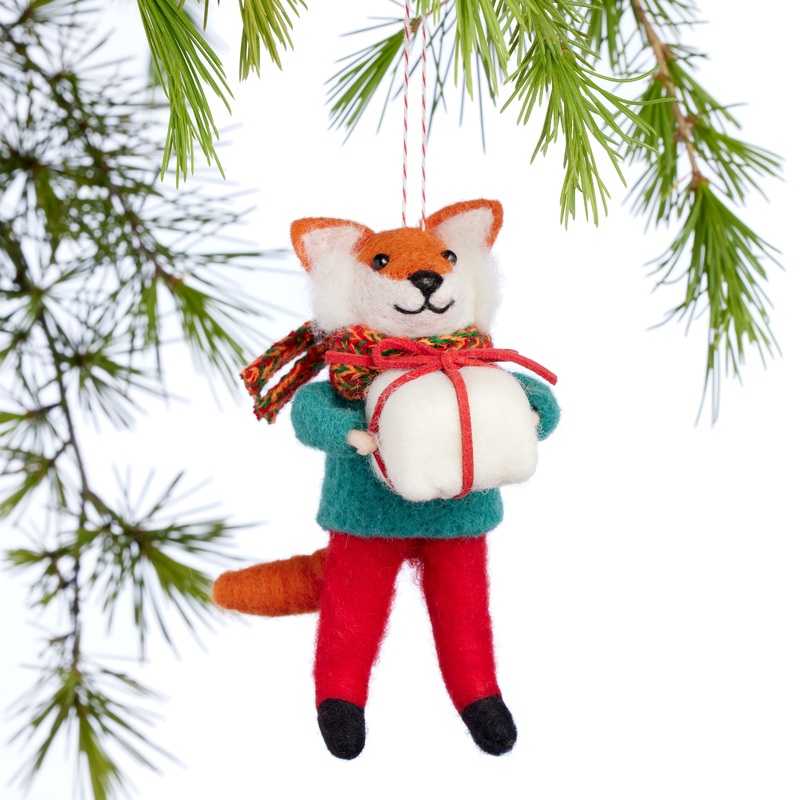 Wool Fox with Present Ornament
