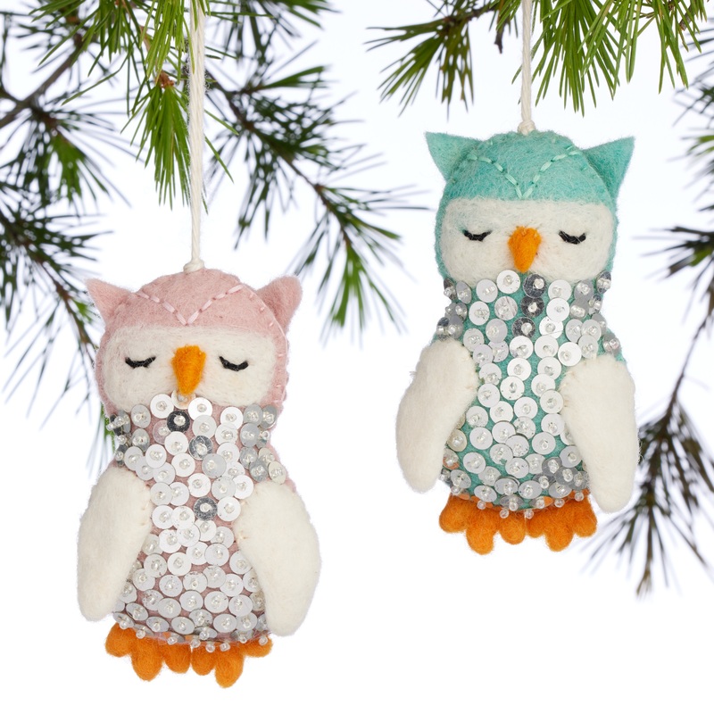 Wool Sequined Owl Ornaments Set of 2