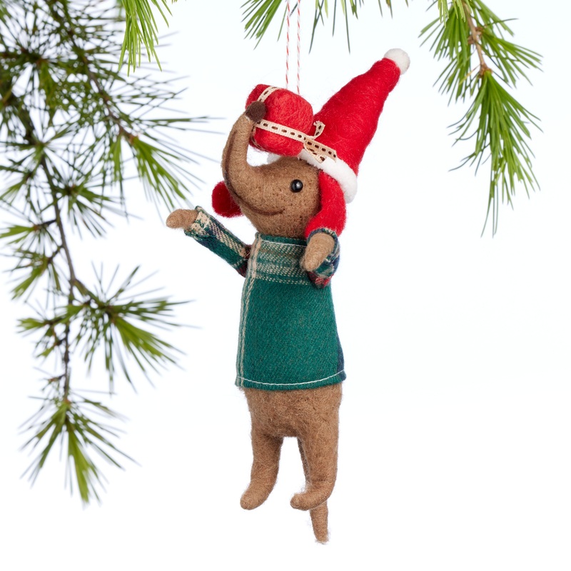 Wool Wiener Dog with Present Ornament