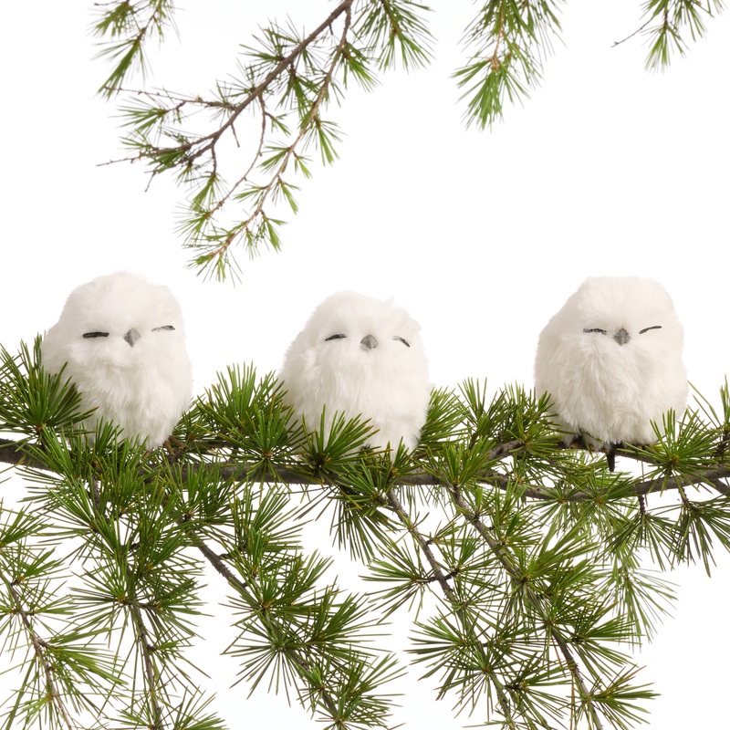 White Faux Fur Owl Clip Ornaments 3 Pack
