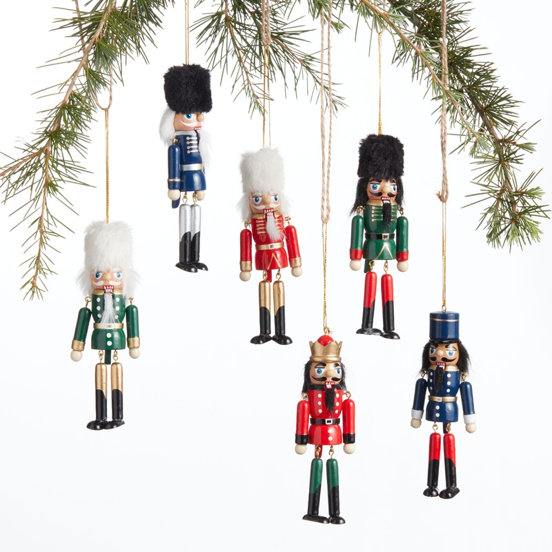 Wood Dangle Leg Traditional Nutcracker Ornaments Set of 6
