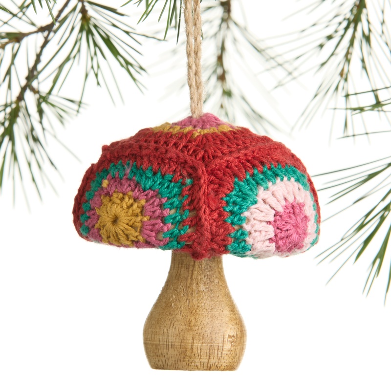 Wood Mushroom with Crocheted Cap Ornament