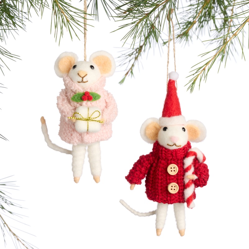 Wool Christmas Mouse Ornaments Set of 2