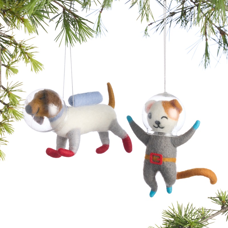 Wool Dog and Cat Astronaut Ornaments Set of 2