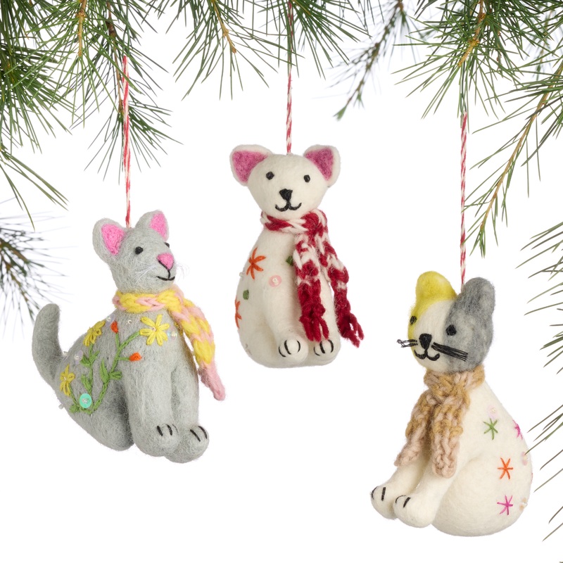 Wool Embroidered Cat with Scarf Ornaments Set of 3