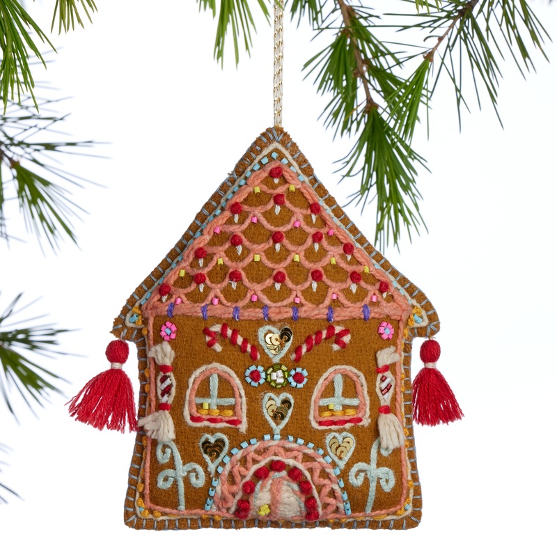 Wool Embroidered Gingerbread House Ornament