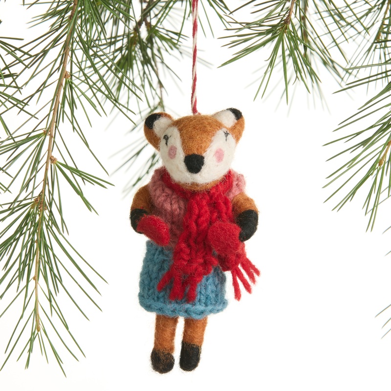 Wool Fox with Red Scarf Ornament