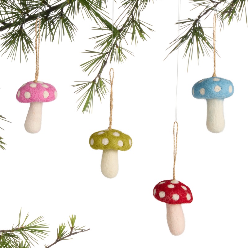 Wool Polka Dot Mushroom Ornaments Set of 4