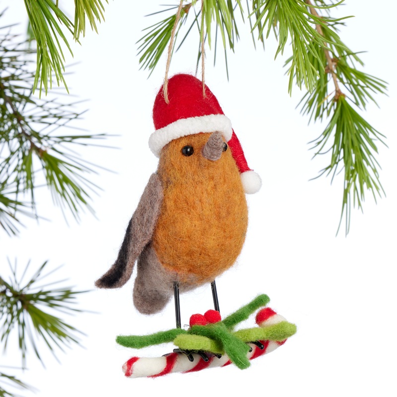 Wool Robin with Candy Cane Ornament
