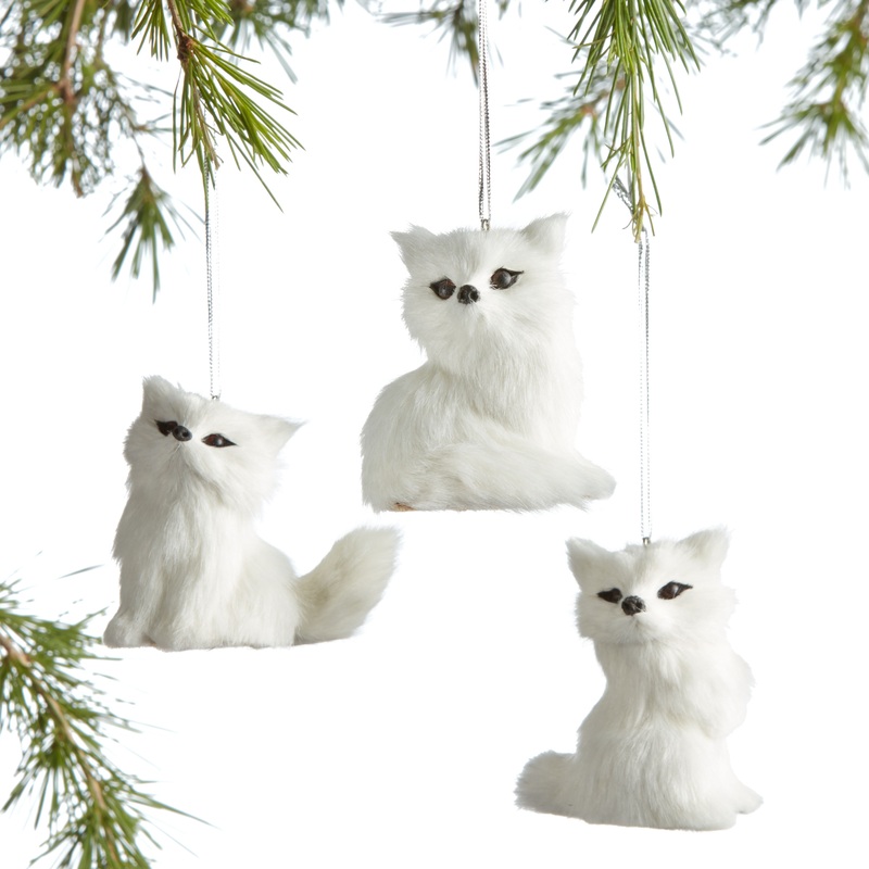 White Faux Fur Fox Ornaments Set of 3