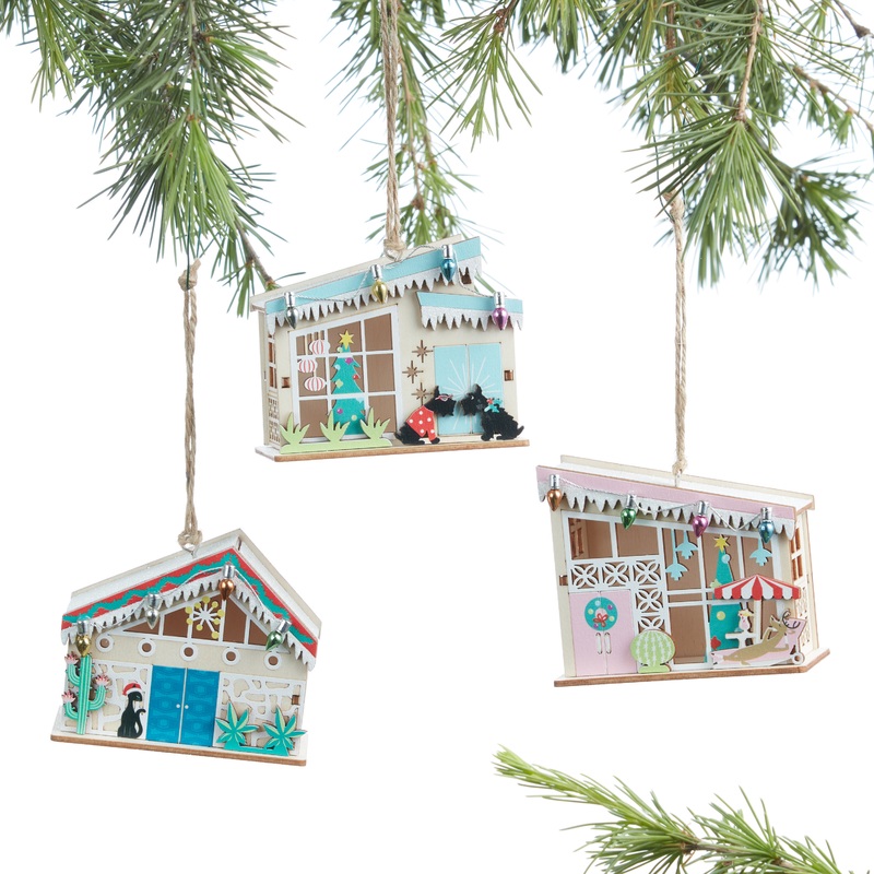 Wood Mid Century House Ornaments Set of 3