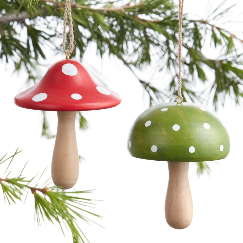 Wood Spotted Mushroom Ornaments Set Of 2